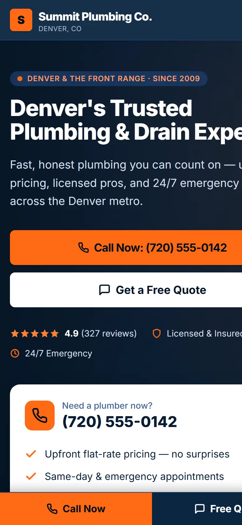 Mobile view of the Summit Plumbing Co. website